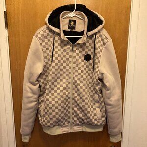 Platini men's tan checkered full zip hoodie jacket size Large